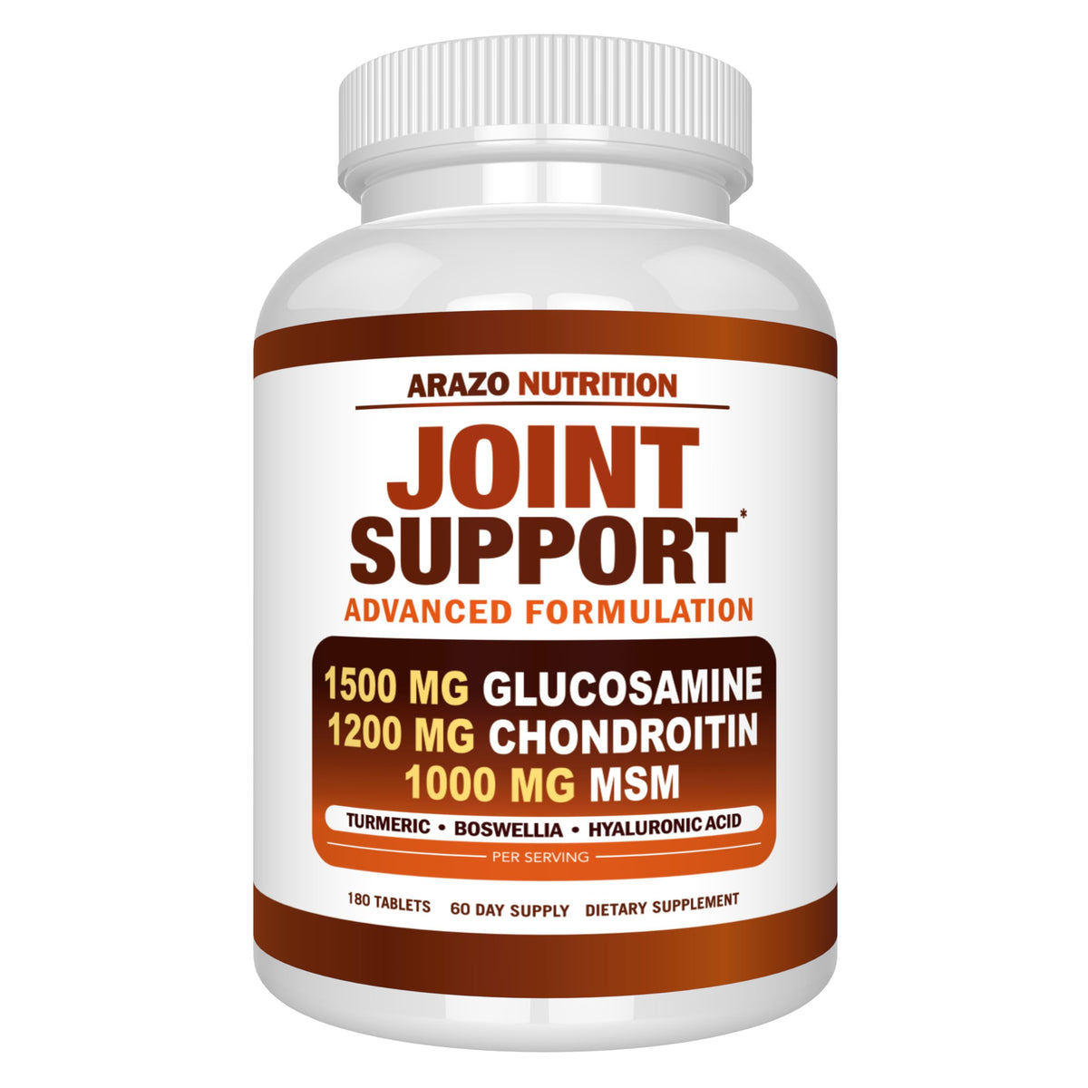 Arazo Nutrition Glucosamina Chondroitina botella frente, apoyo a la movilidad articular.