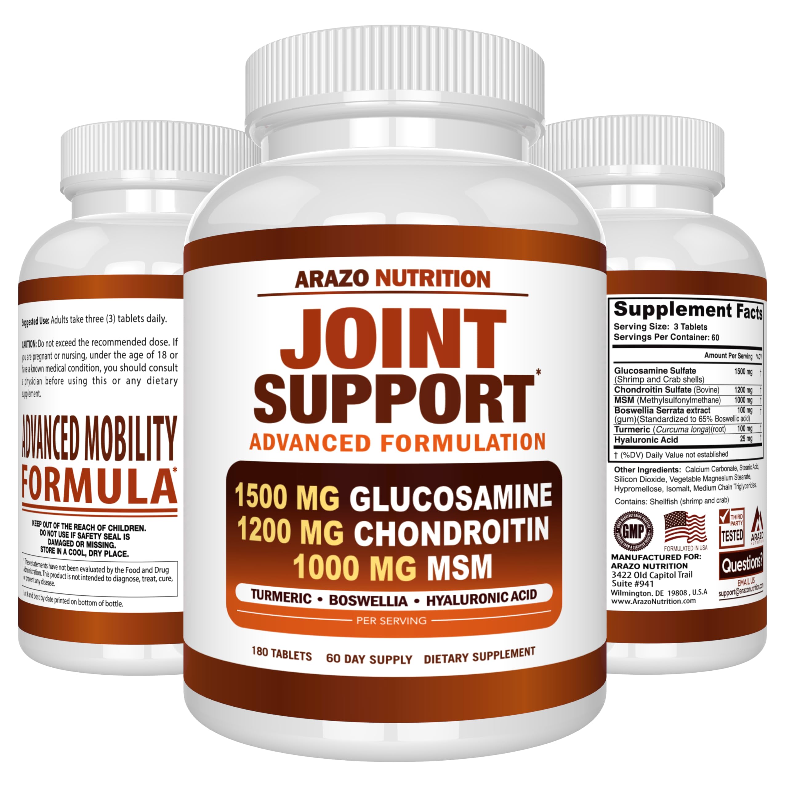 Caja y frasco de Arazo Nutrition Glucosamina Chondroitina, 180 tabletas.