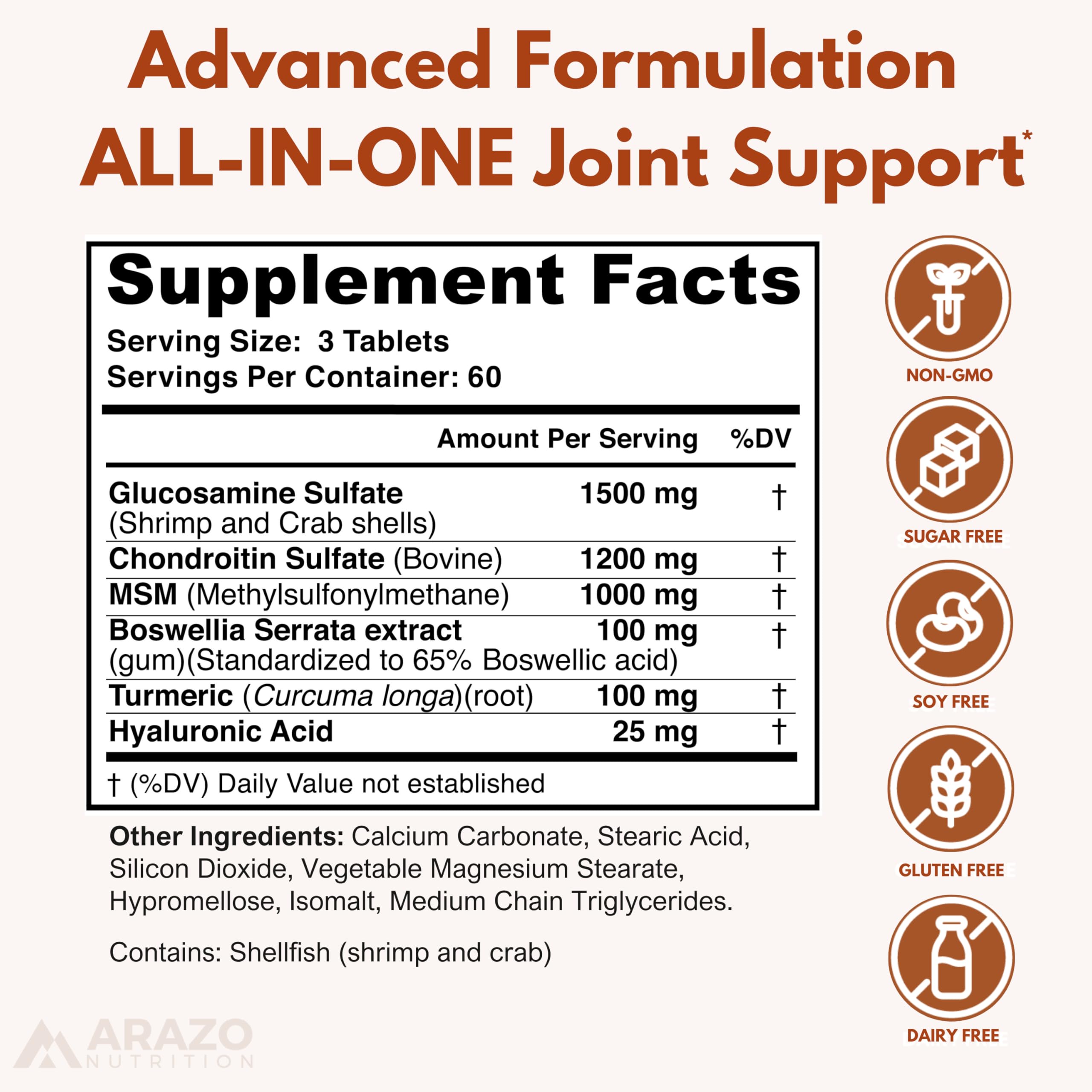 Arazo Nutrition Glucosamina Chondroitina tabletas, útil para comodidad diaria de articulaciones.