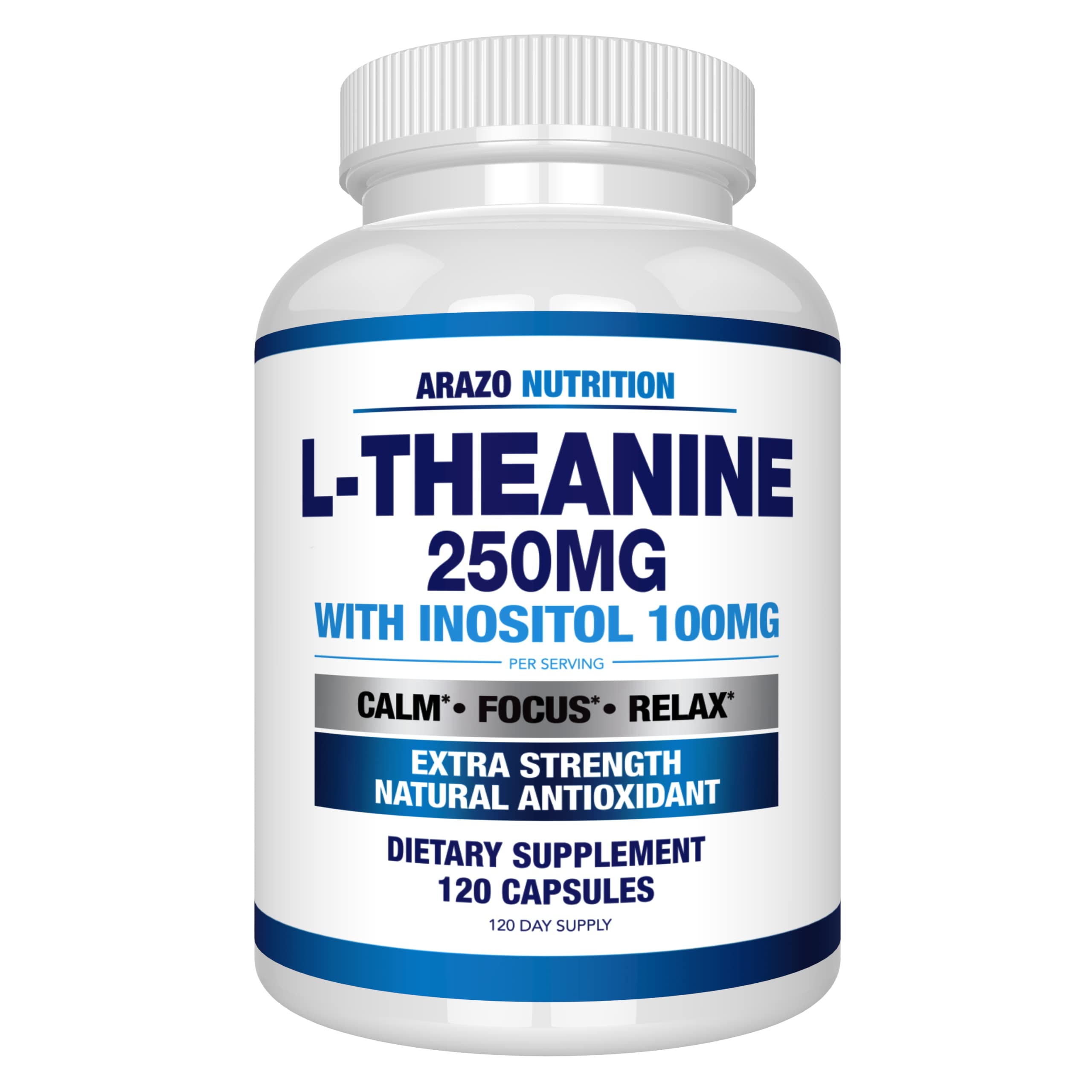 Arazo Nutrition L-teanina 250mg botella: enfoque suave para la concentración diaria sin somnolencia.