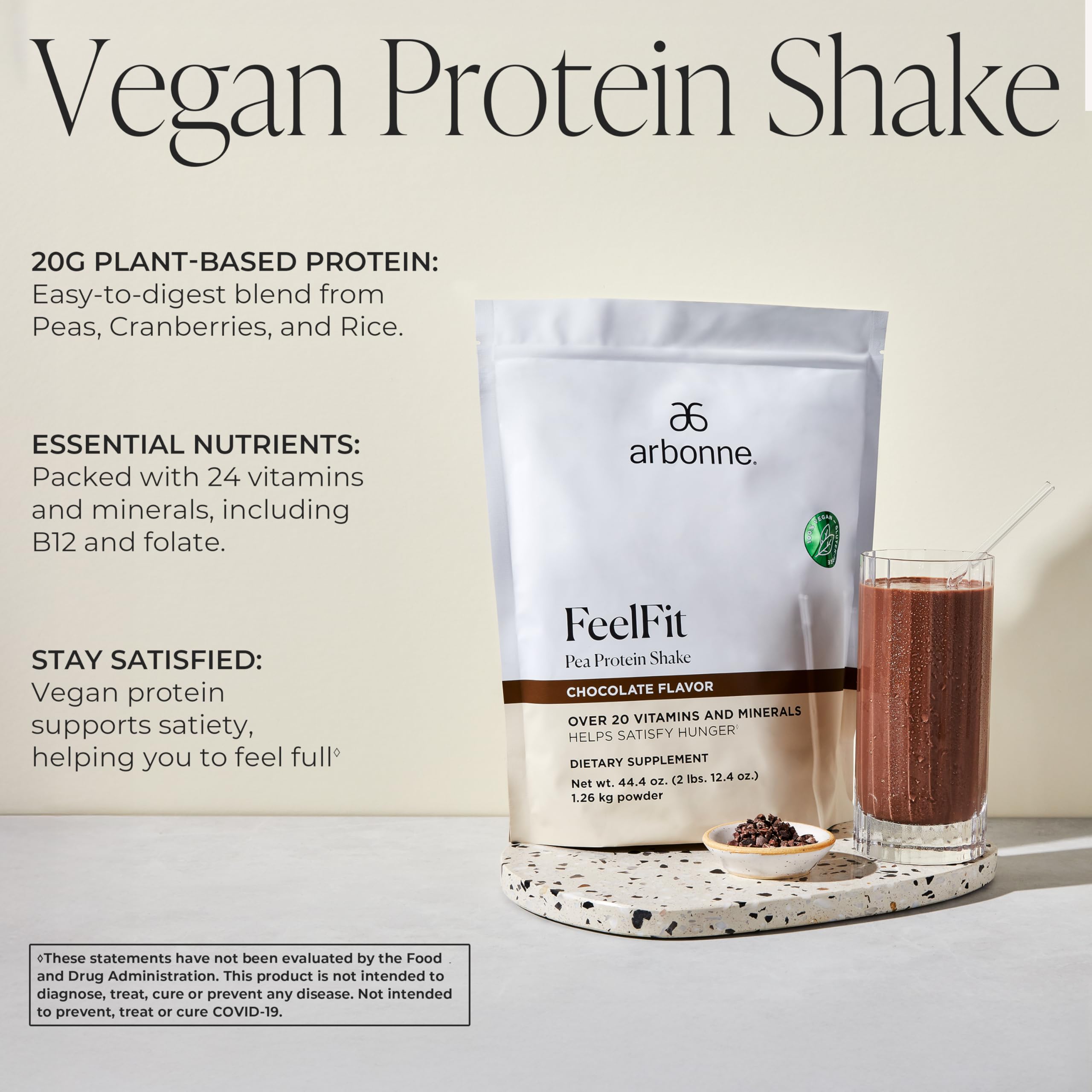 Arbonne Feelfit proteina de guisante chocolate batido para energía sostenible