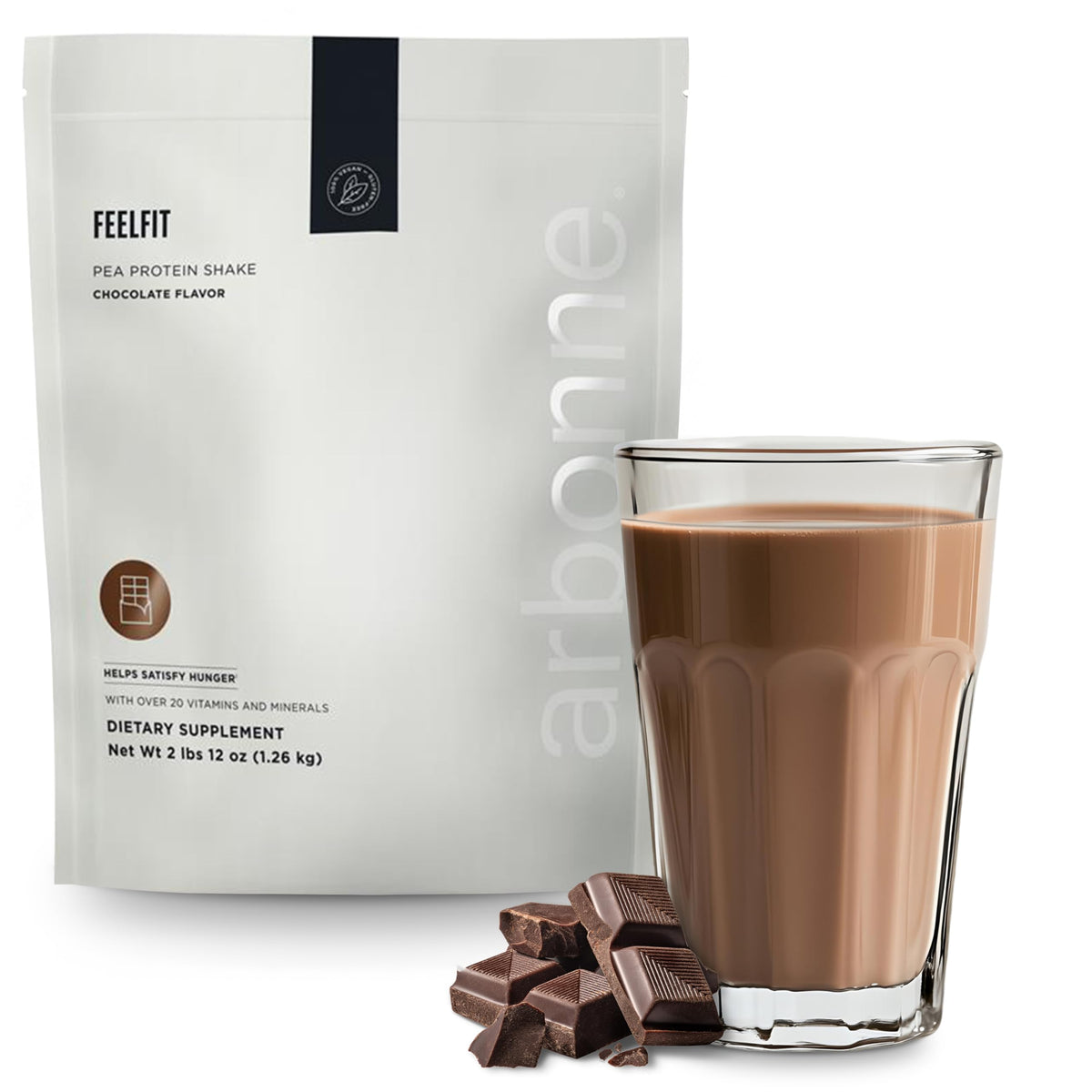 Arbonne Feelfit proteina de guisante chocolate en pote para nutrición diaria