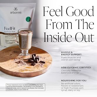 Arbonne Feelfit proteina de guisante chocolate en vaso para desayuno rápido