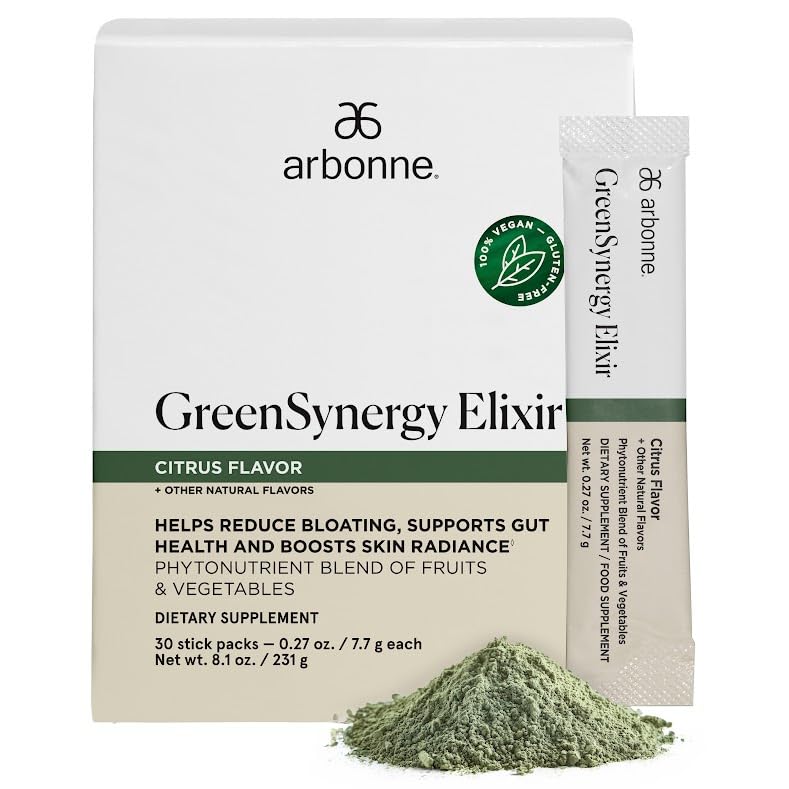 Arbonne GreenSynergy Elixir, empaque cítrico, ideal para empezar el día con apoyo digestivo