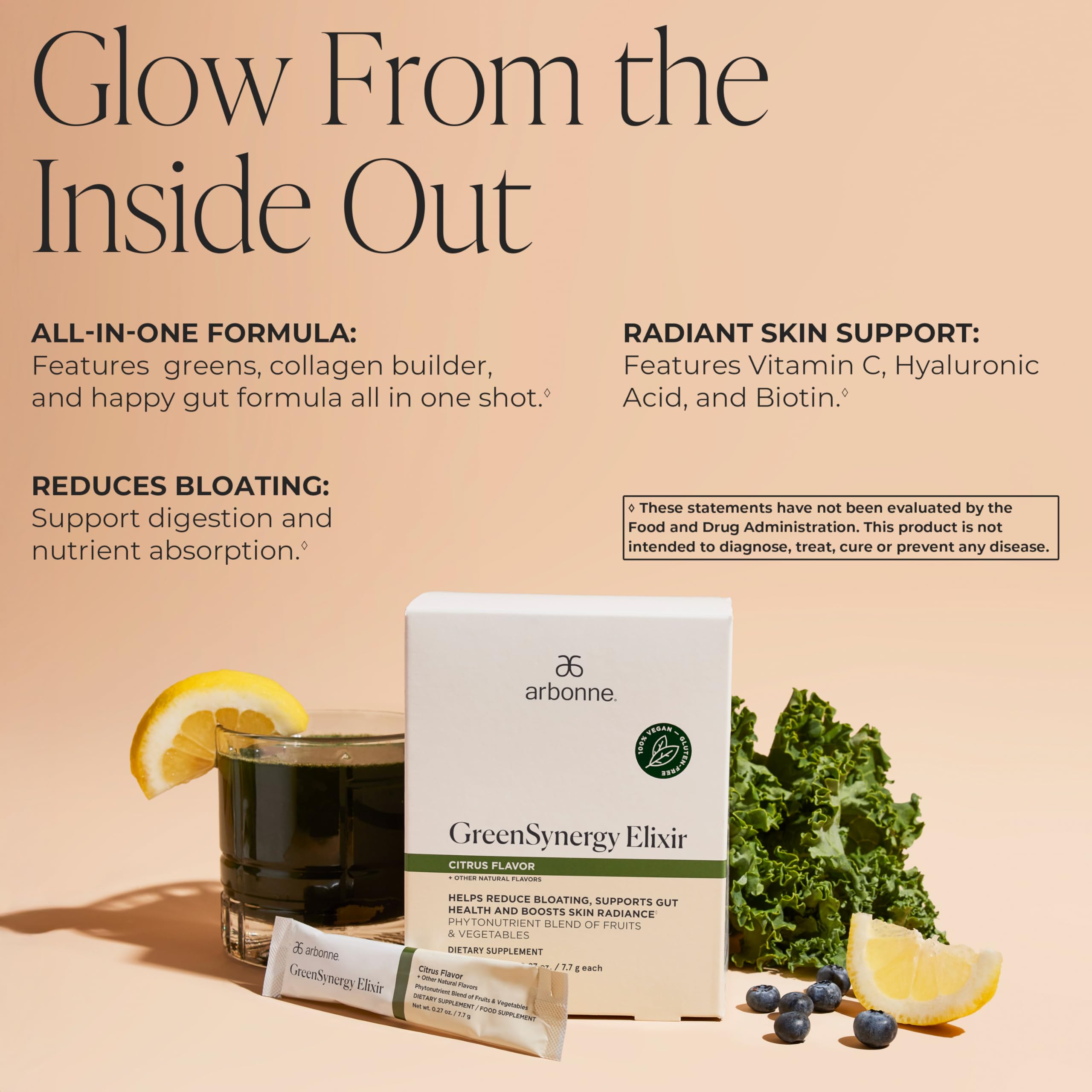Arbonne GreenSynergy Elixir, paquetes individuales, prácticos para tomar en cualquier lugar