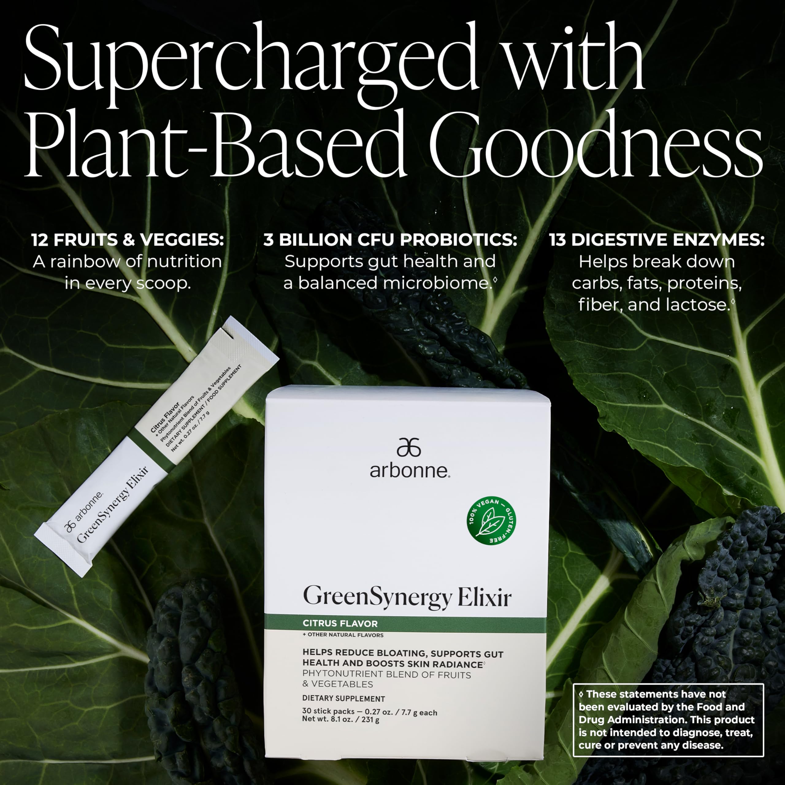 Arbonne GreenSynergy Elixir, polvo verde, fácil de mezclar en agua para un impulso saludable