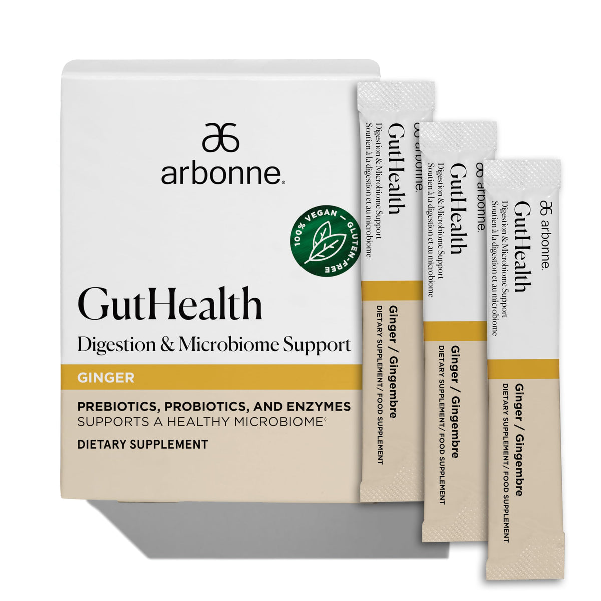 Arbonne Gut Health polvo probiótico se disuelve para una digestión más cómoda.