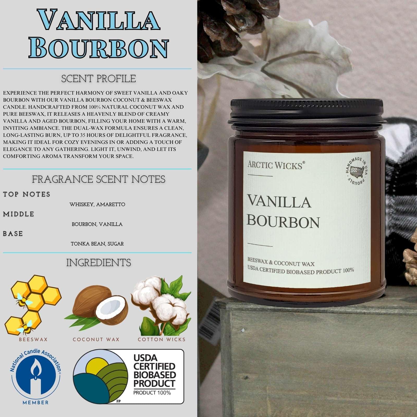 Vela Arctic Wicks coco-abeja, fragancia natural suave para espacios tranquilos