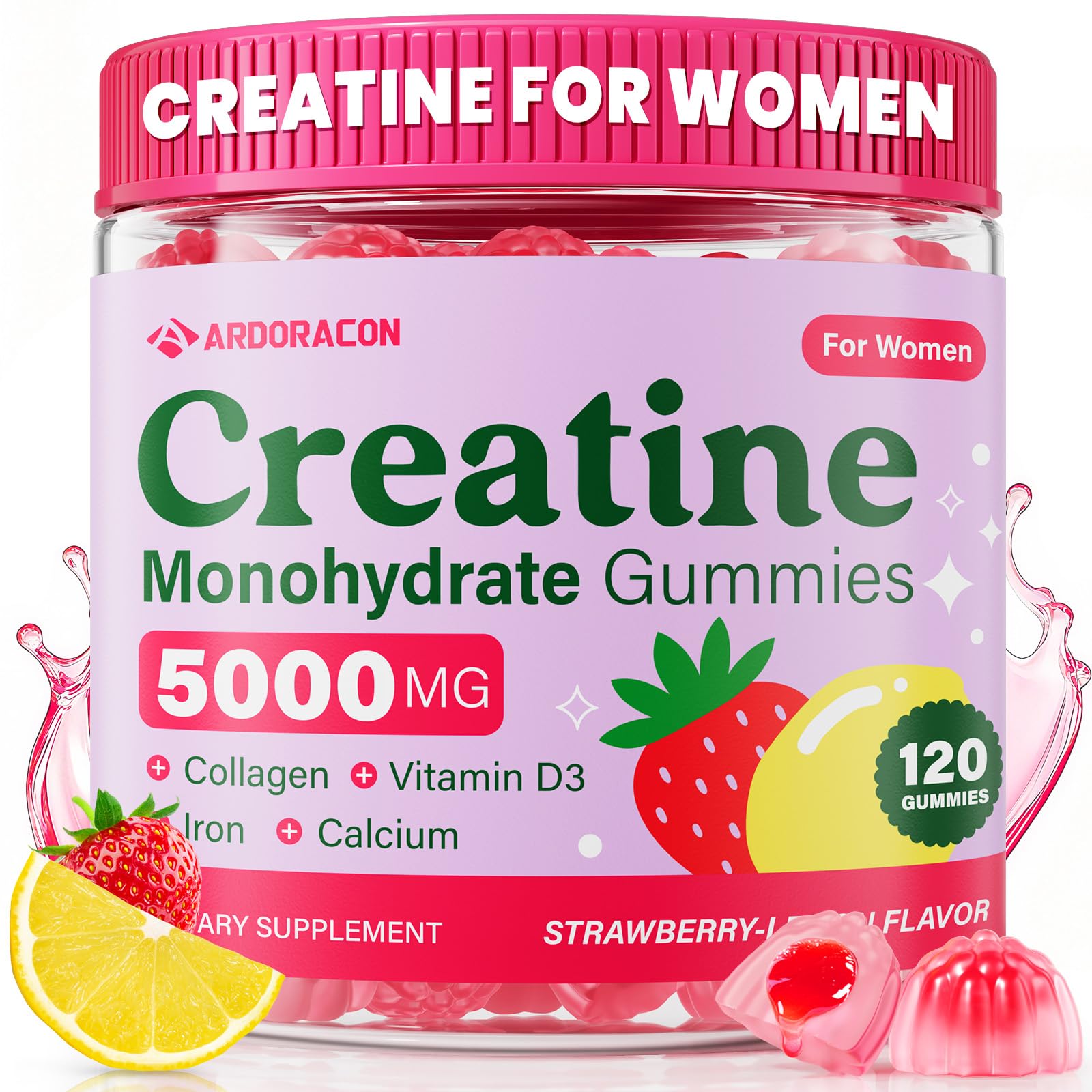 ARDORACON Creatina para mujeres, botella de gominolas para entrenar con energía