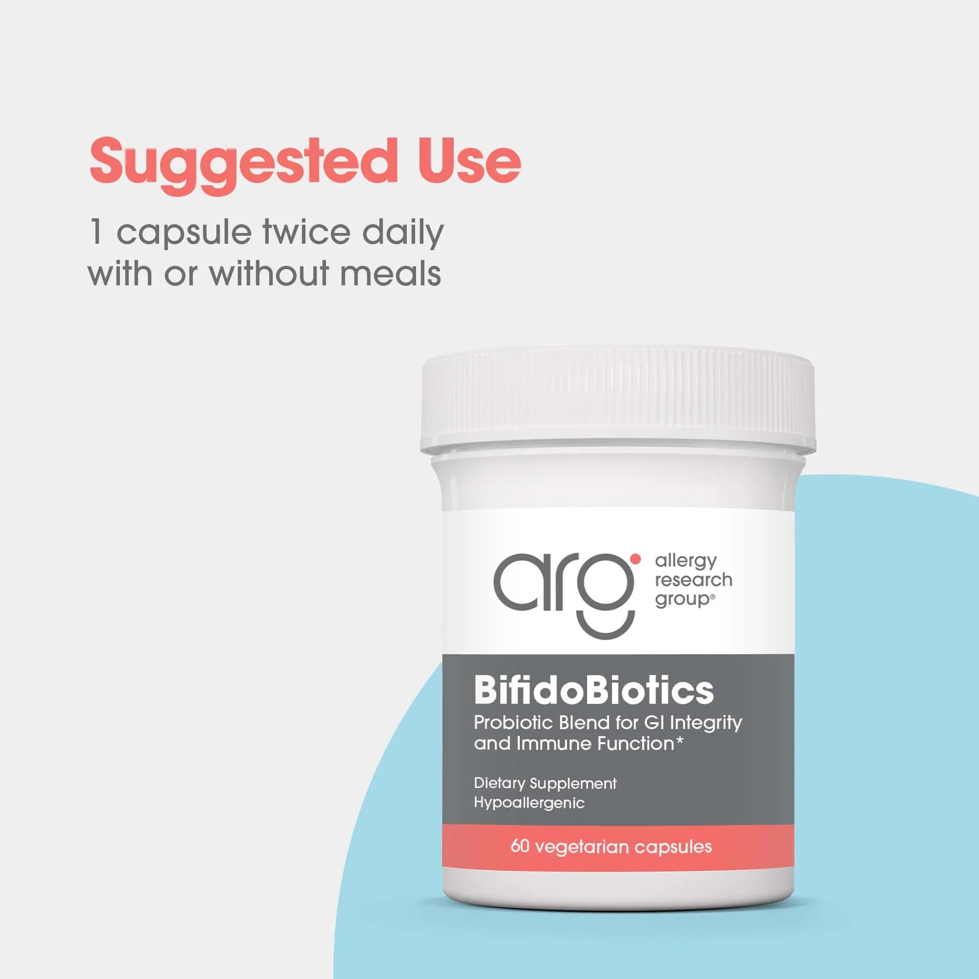 ARG BifidoBiotics, etiqueta detalle, libre de alérgenos y garantía de pureza.