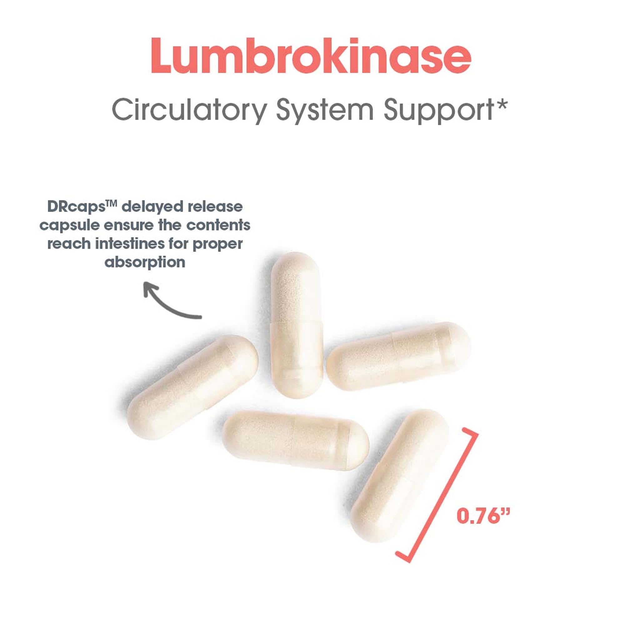 ARG Lumbrokinase, detalle de cápsula, liberación retardada para ingesta estable.