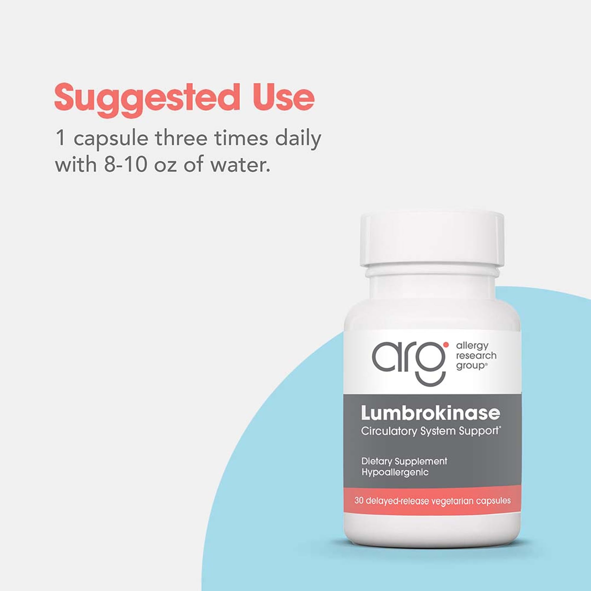 ARG Lumbrokinase, envase exterior, producto libre de gluten y alérgenos.