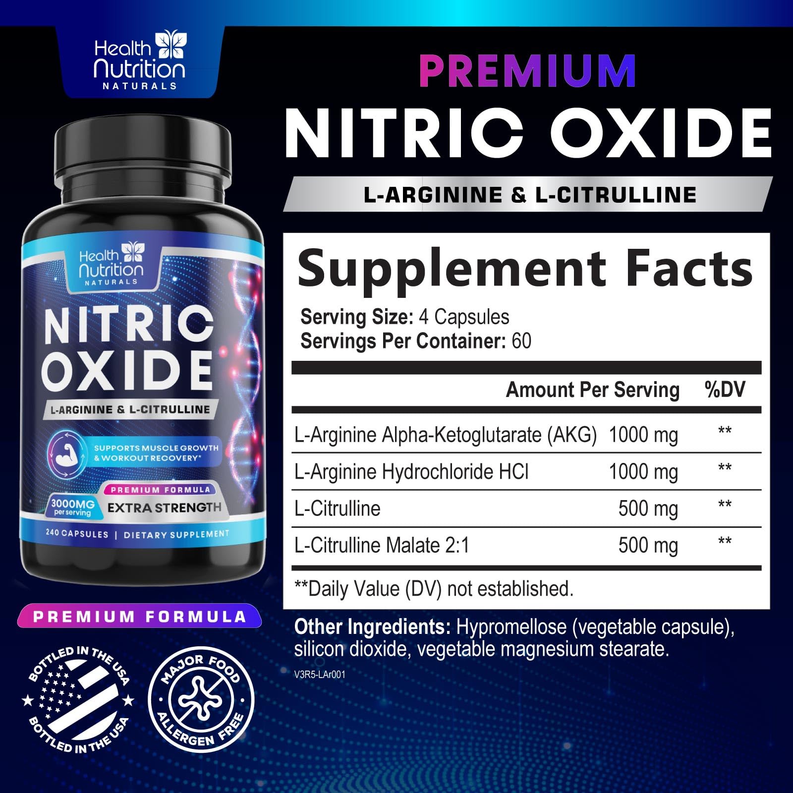Health Nutrition Naturals: cápsulas de L-Arginina AKG en primer plano.