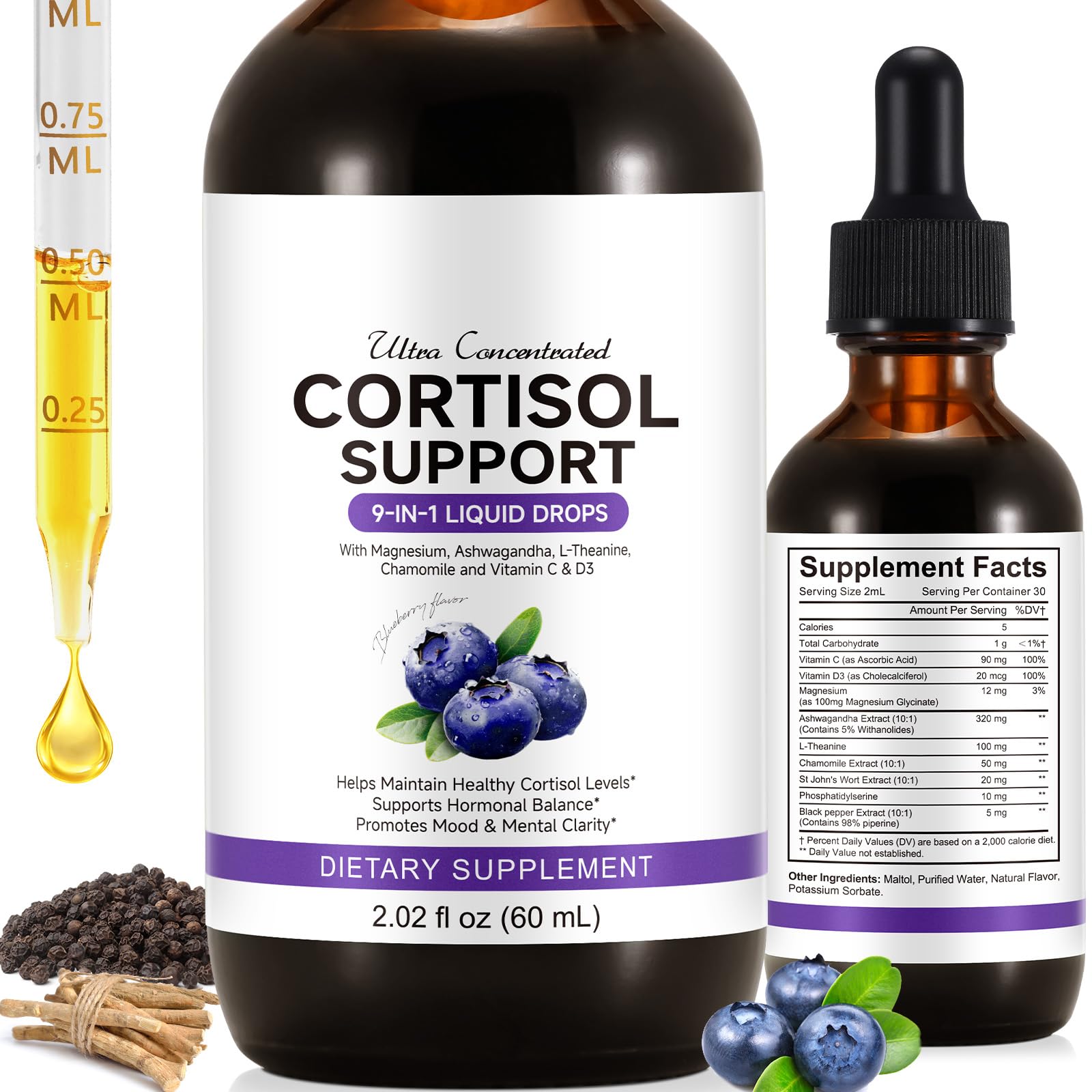 Arkture Cortisol Drops, botella azul lista para uso diario y relajación natural.