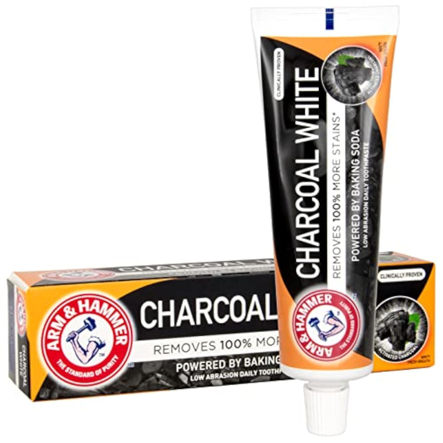 Arm & Hammer Charcoal White pasta de dientes, envase 75 ml para uso diario.
