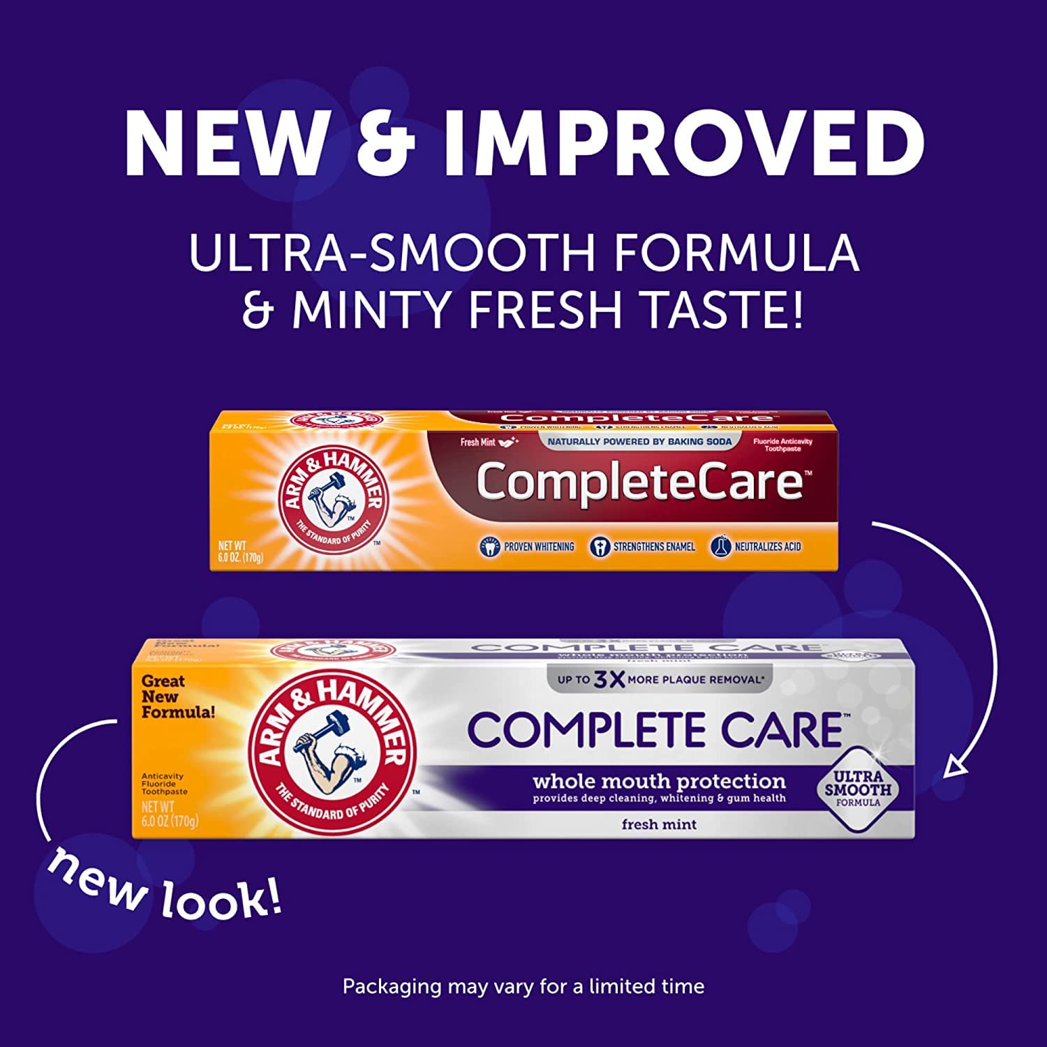 Arm & Hammer Complete Care, blanqueamiento suave con peróxido para sonrisa más clara.