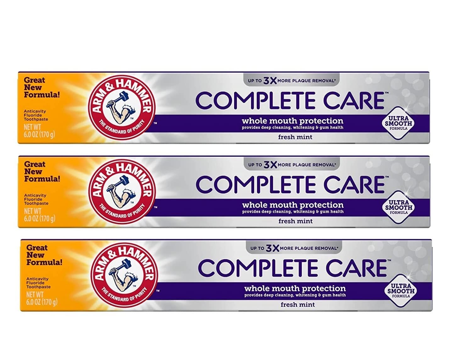 ARM & HAMMER Complete Care en tubo de pasta dental, limpieza duradera y frescura de menta.