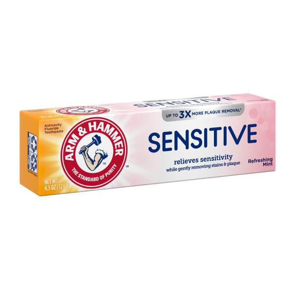 Arm & Hammer pasta dientes sensibles, tubo visible, limpieza suave entre dientes.