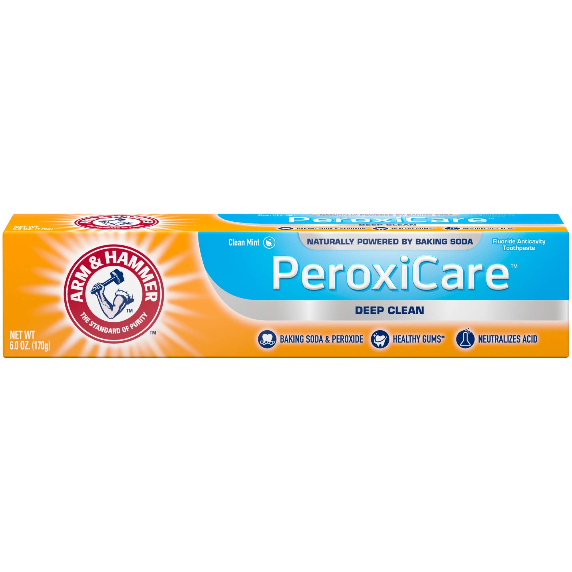 Arm & Hammer Peroxicare, tubo de pasta dental enfocado en limpieza profunda.