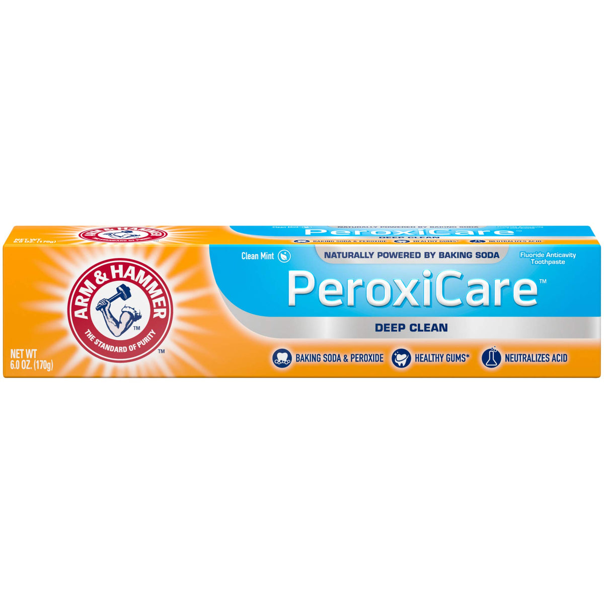 Arm & Hammer Peroxicare, tubo de pasta dental enfocado en limpieza profunda.