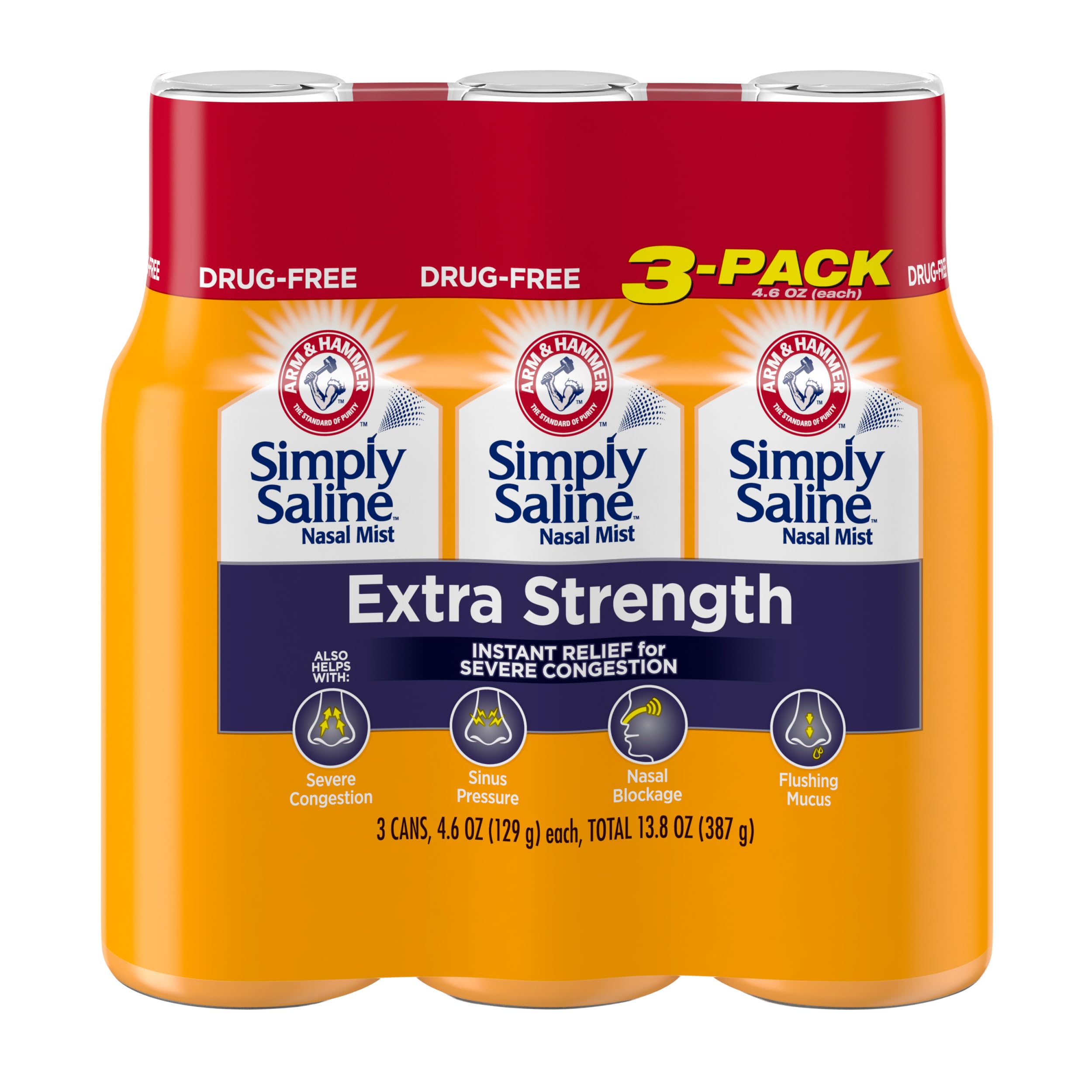 Arm & Hammer Simply Saline Extra Strength, rociador nasal en botella, alivio de congestión sin irritación.