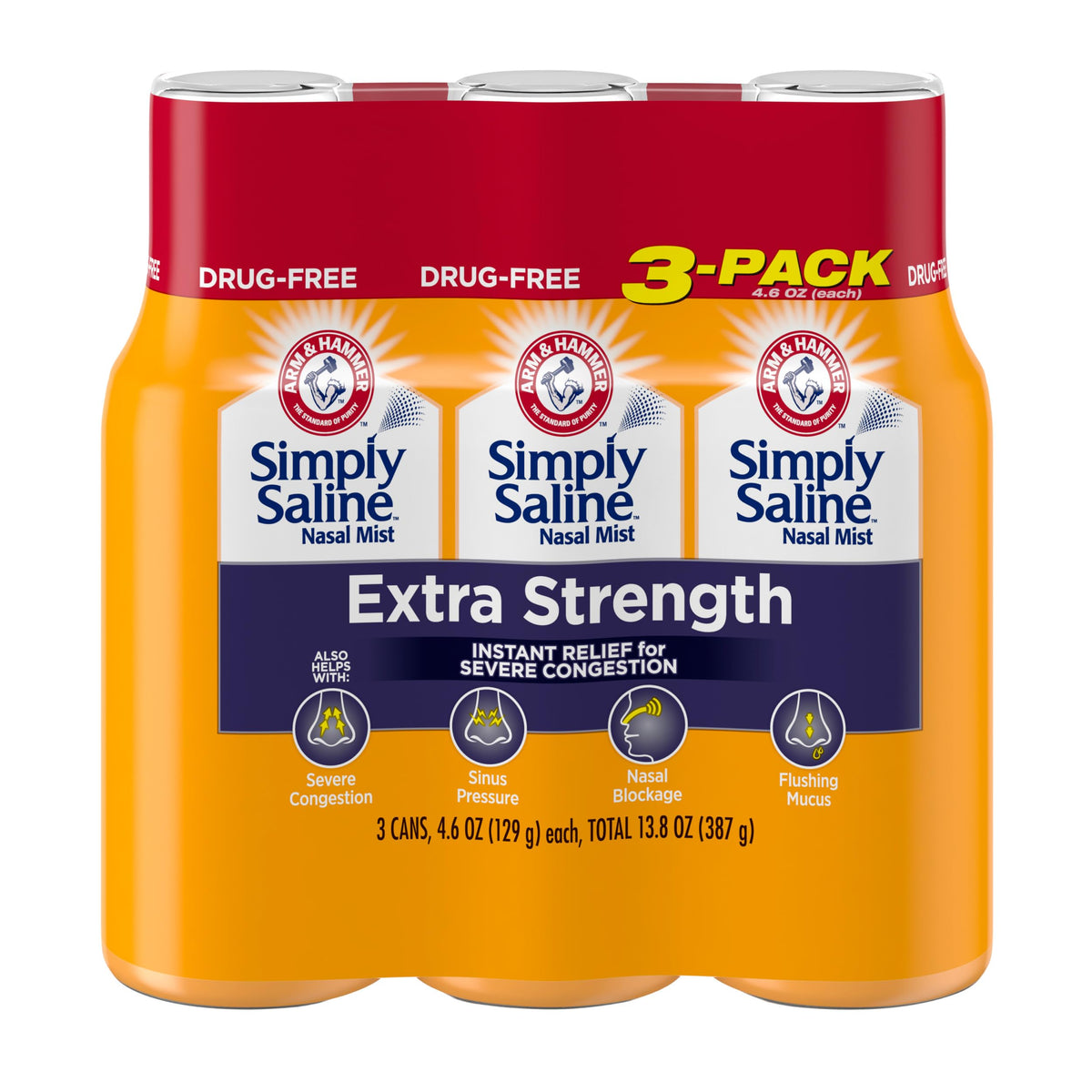 Arm & Hammer Simply Saline Extra Strength, rociador nasal en botella, alivio de congestión sin irritación.