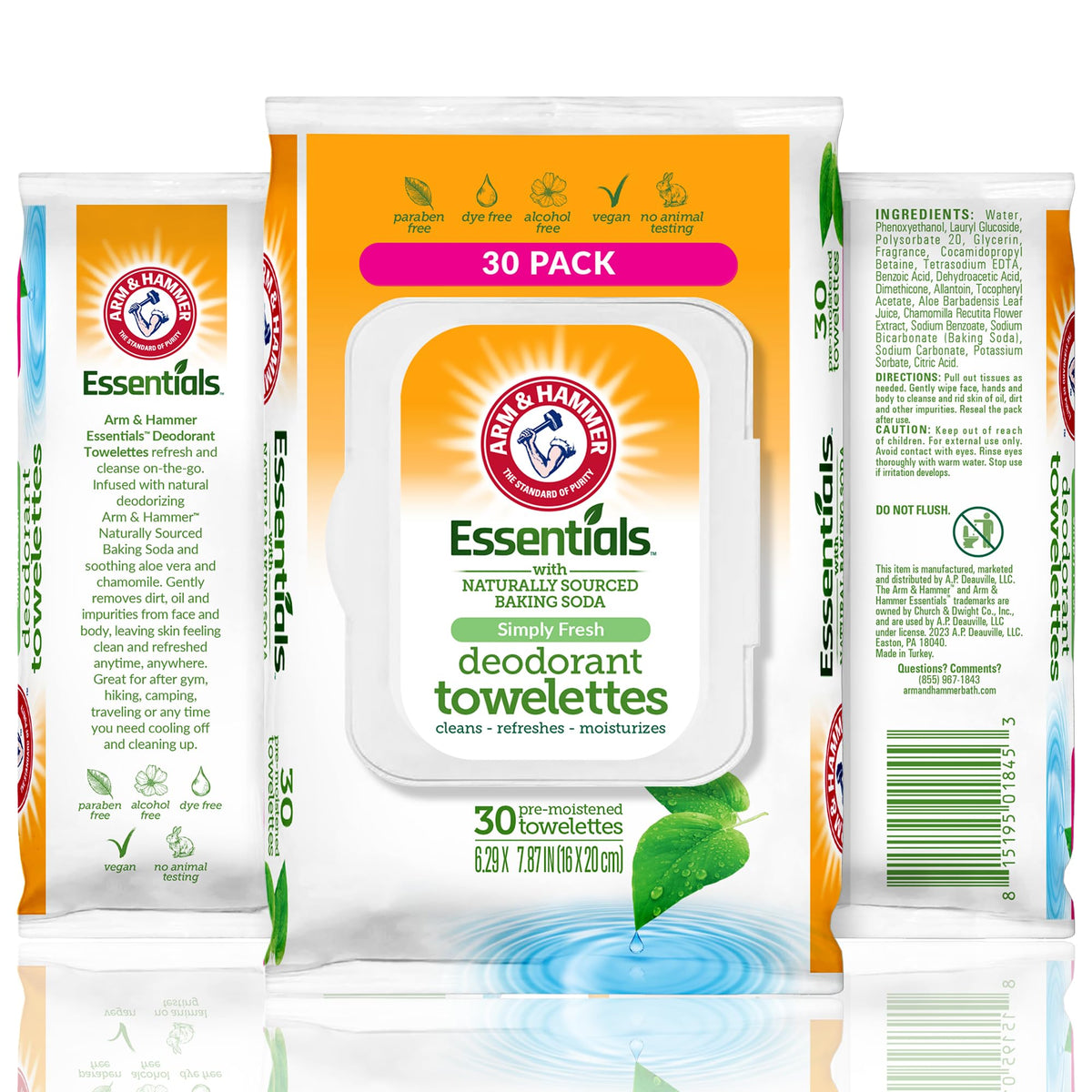 Arm & Hammer toallitas para cara y cuerpo, empaque compacto para viaje.