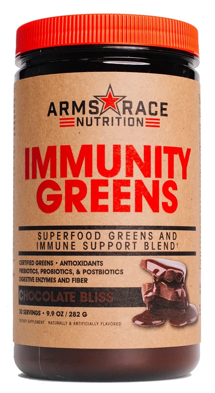 Arms Race Nutrition Immunity Greens — botella: soporte para salud general y bienestar diario.