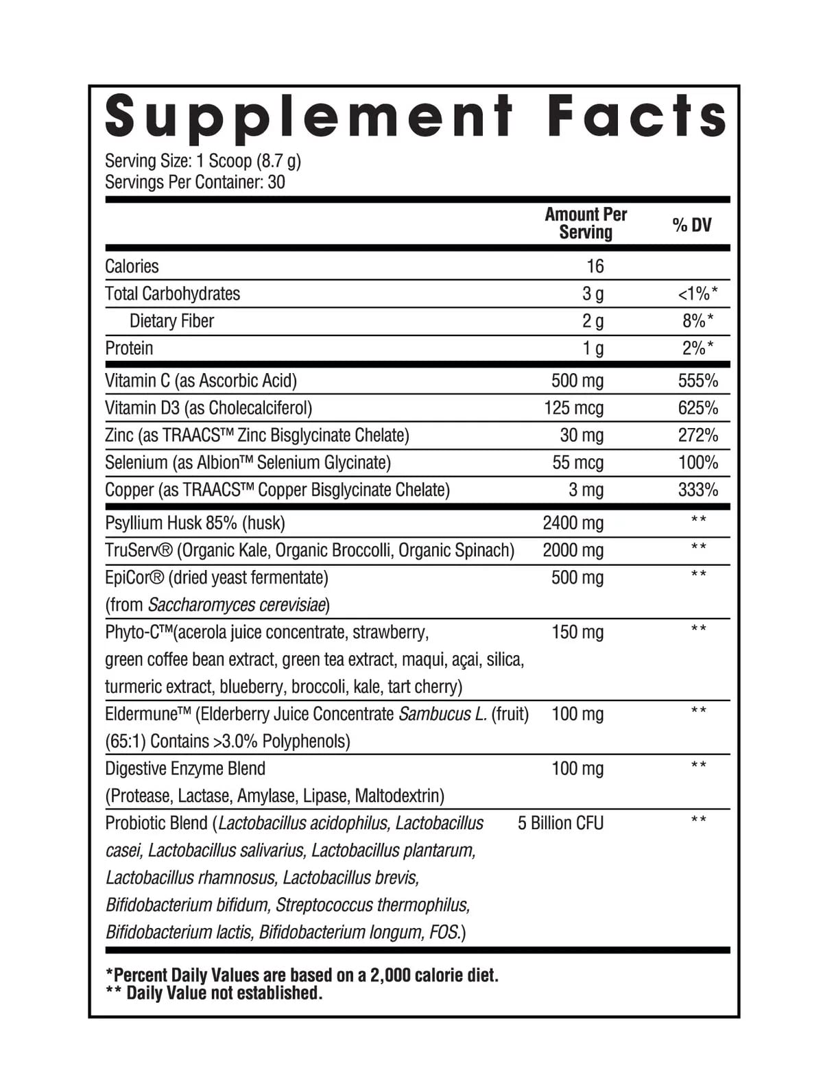 Arms Race Nutrition Immunity Greens — etiqueta de ingredientes con probióticos y enzimas para absorción.