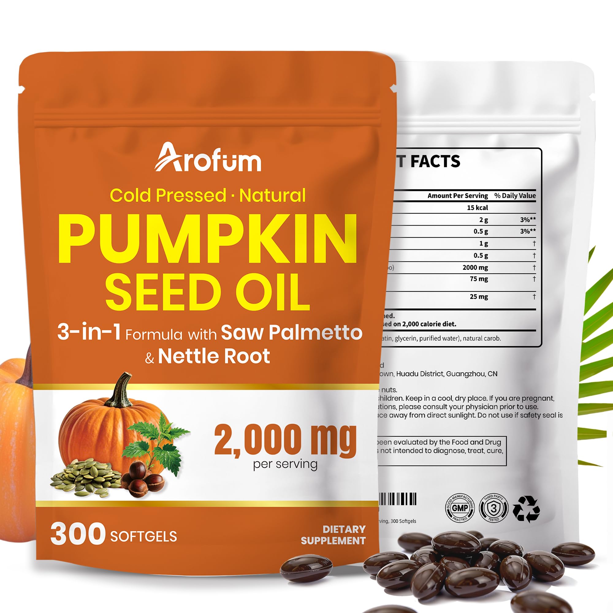 Arofum cápsulas aceite semilla calabaza, visualización de aceite dorado para apoyo diario