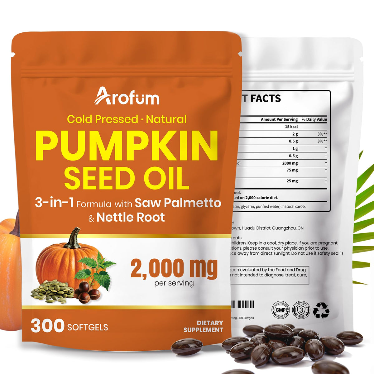 Arofum cápsulas aceite semilla calabaza, visualización de aceite dorado para apoyo diario