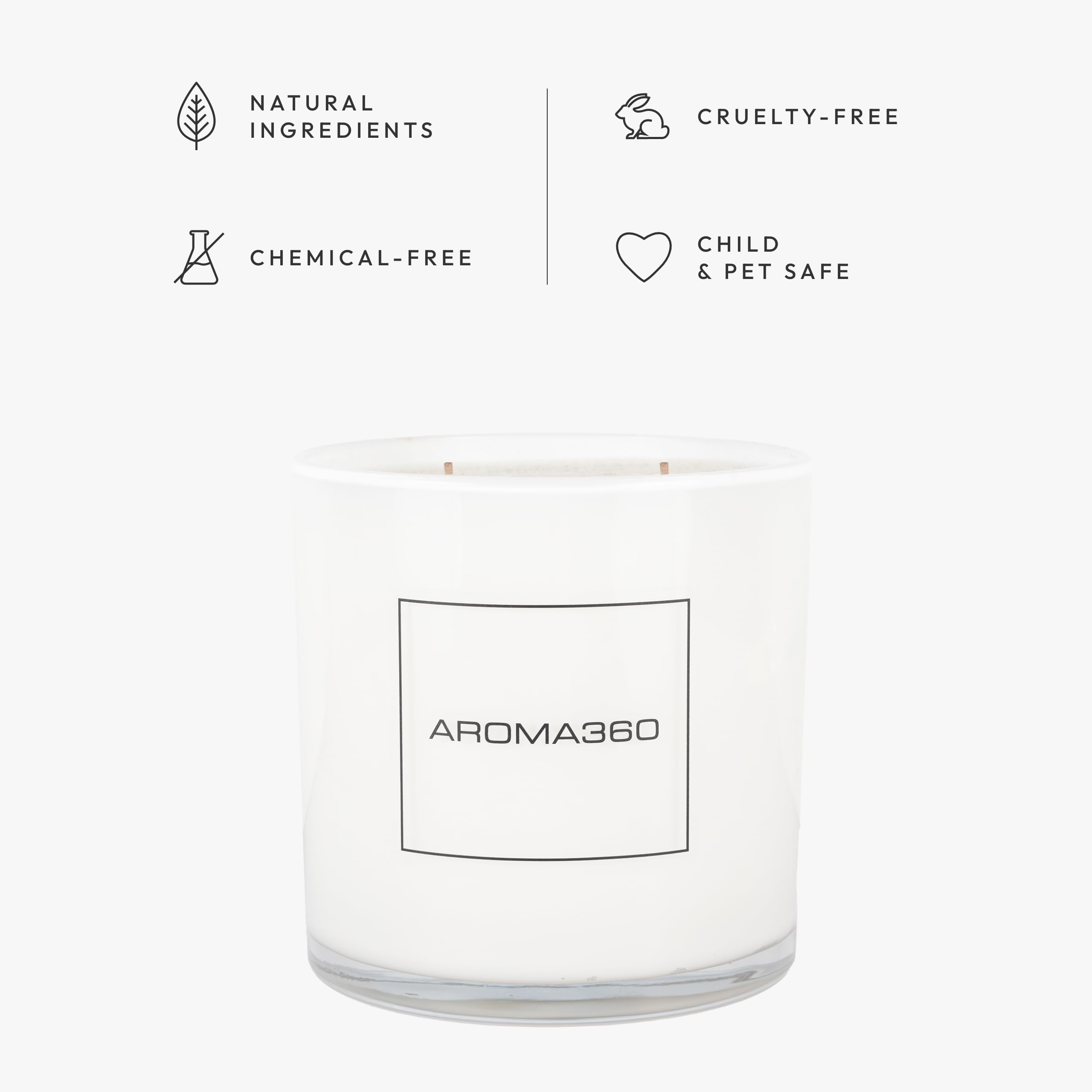 Aroma360 vela con mechas de algodón para combustión limpia y estable.