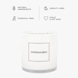 Aroma360 vela con mechas de algodón para combustión limpia y estable.
