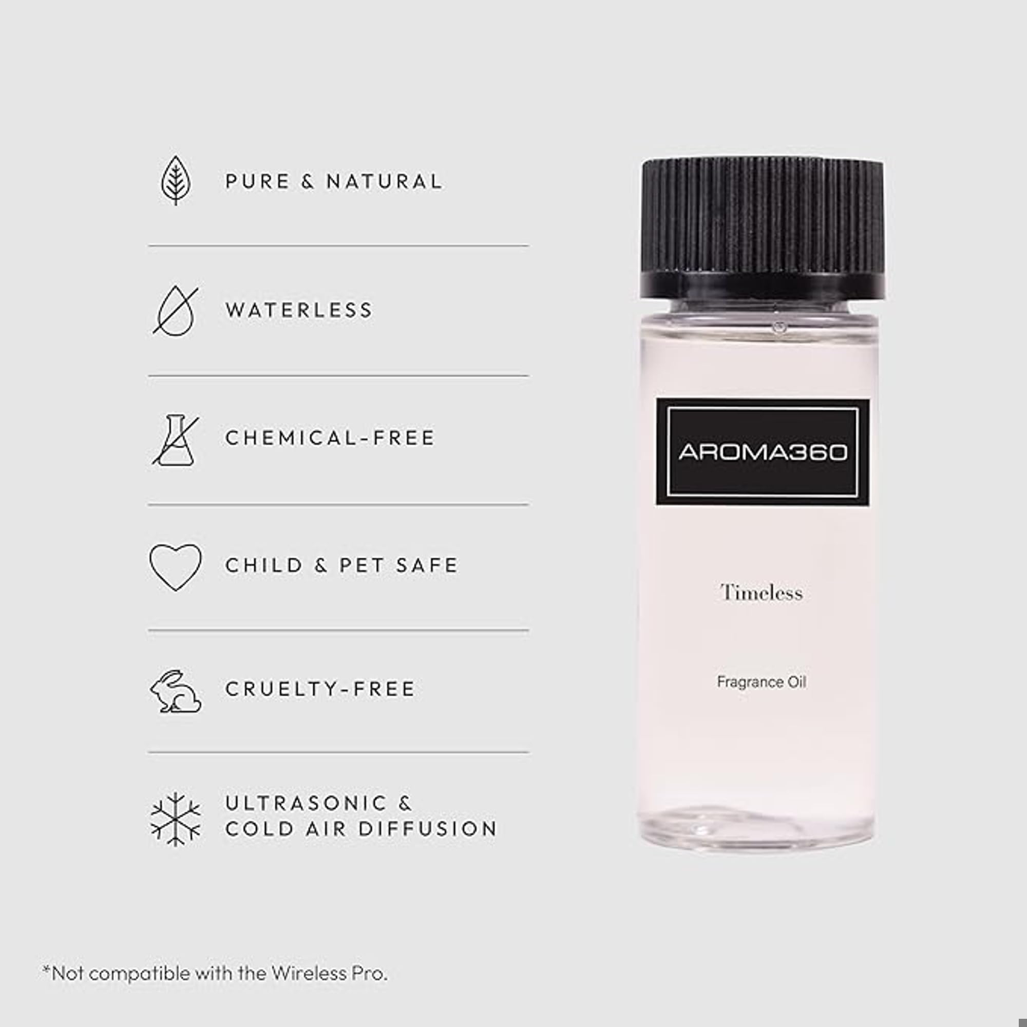 Aroma360 Timeless 50mL, etiqueta clara que resalta elegancia y pureza aromática.