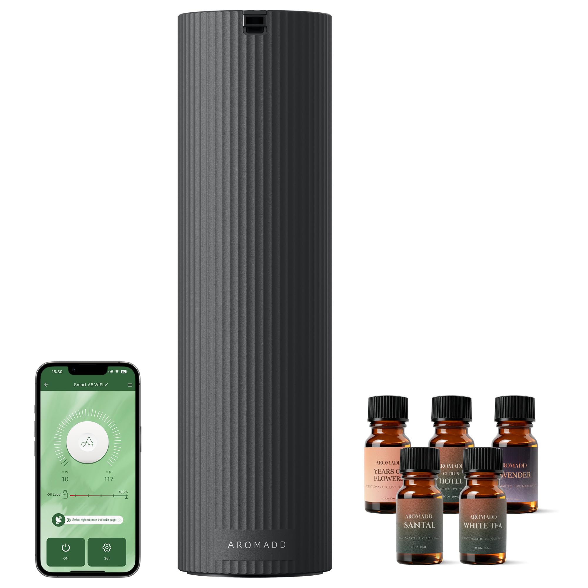 Difusor Aromadd negro con aire frío para fragancias duraderas en espacios amplios.