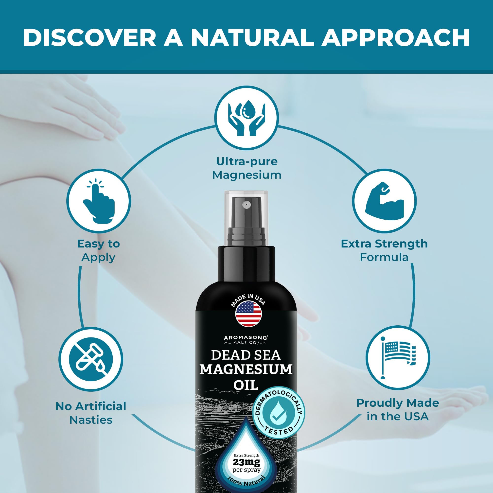 Aromasong magnesio rociado sobre la piel para alivio suave.