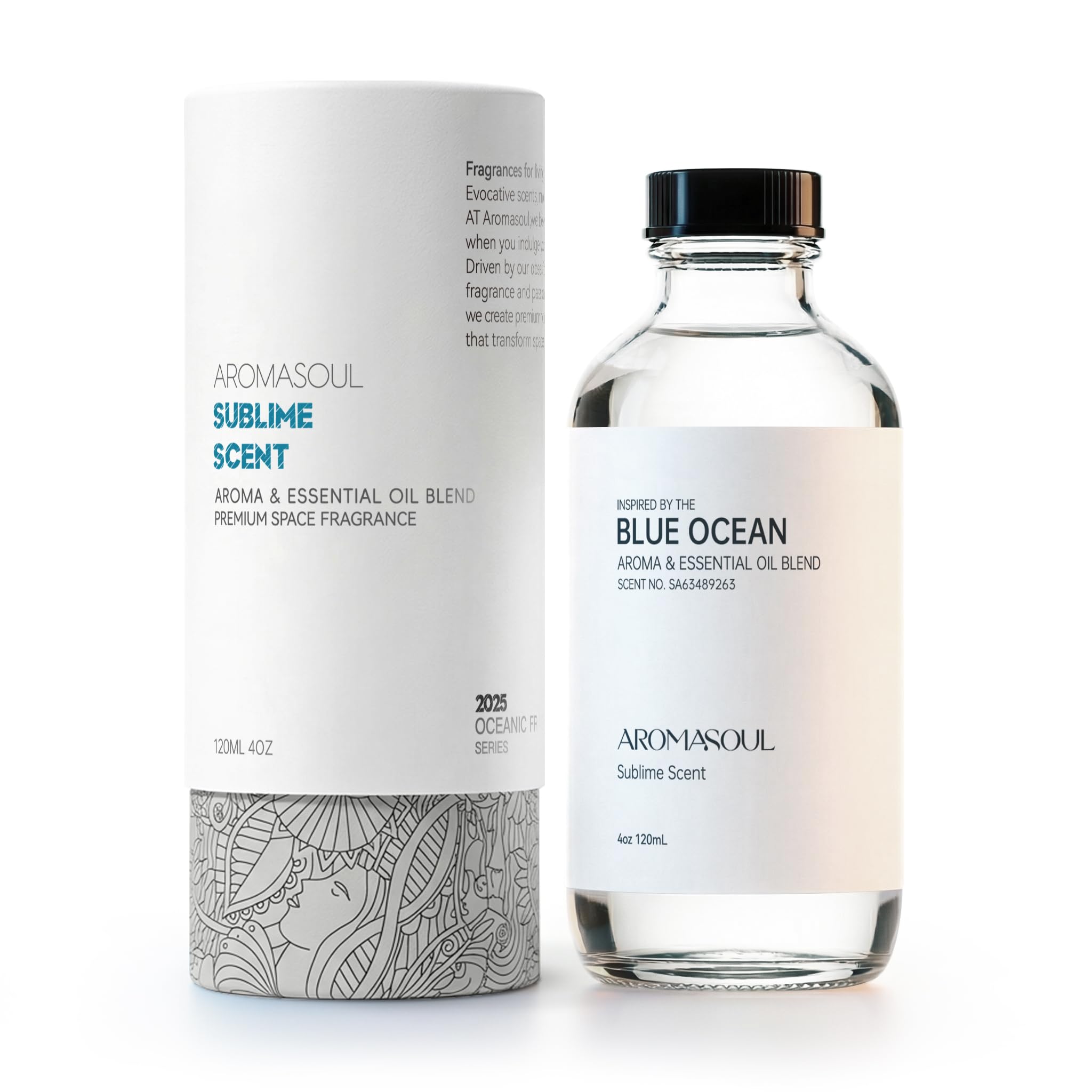 AROMASOUL Océano Azul: botella de 120 ml para difusor, aroma fresco y versátil.