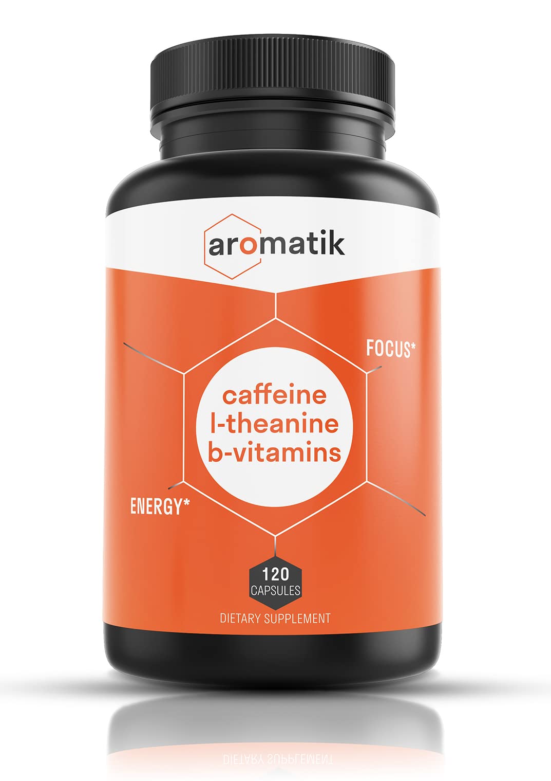 Aromatik cafeina-l-teanina, envase con cápsulas veganas para enfoque sostenido.