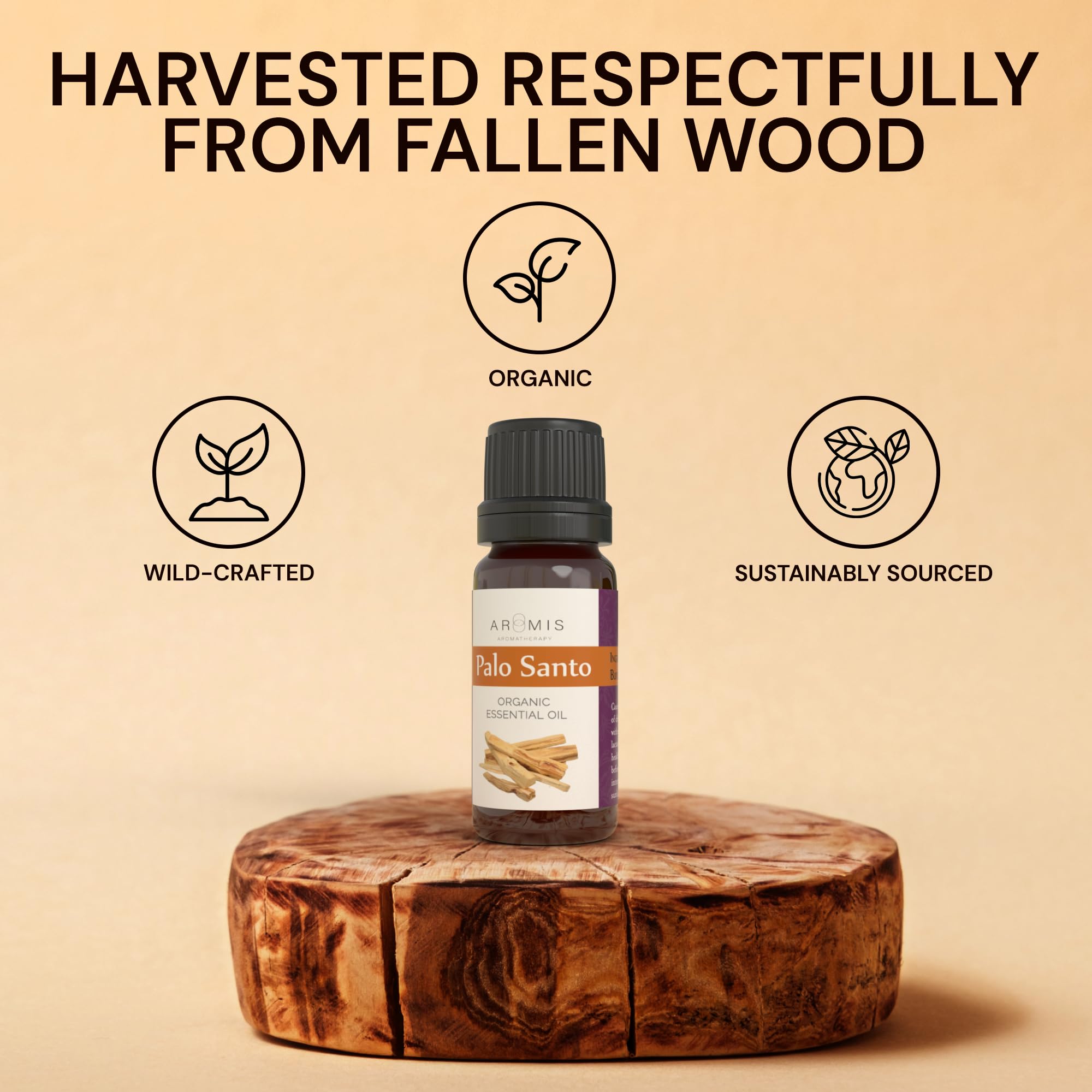 ArOmis Aromatherapy Palo Santo – destilación al vapor para aroma limpio y consistente.