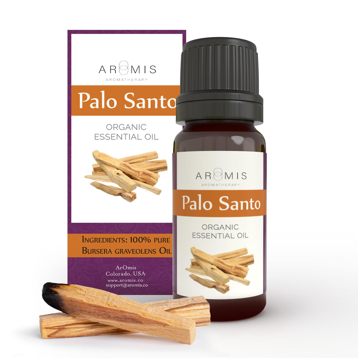 ArOmis Aromatherapy Palo Santo – frasco 10 ml, aroma puro para meditación y bienestar sensorial.