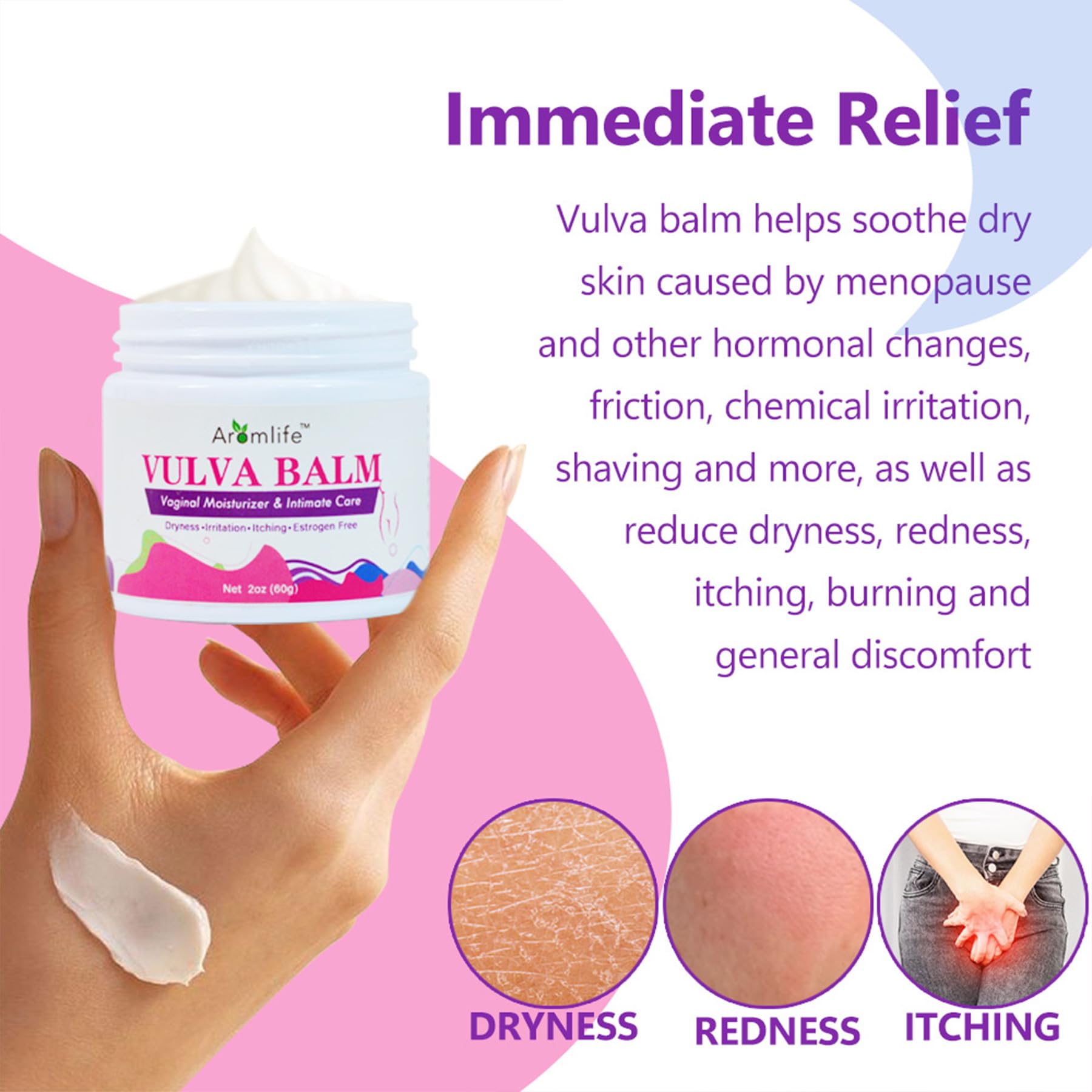 Aromlife bálsamo vulvar relieve inmediato de sequedad e irritación.
