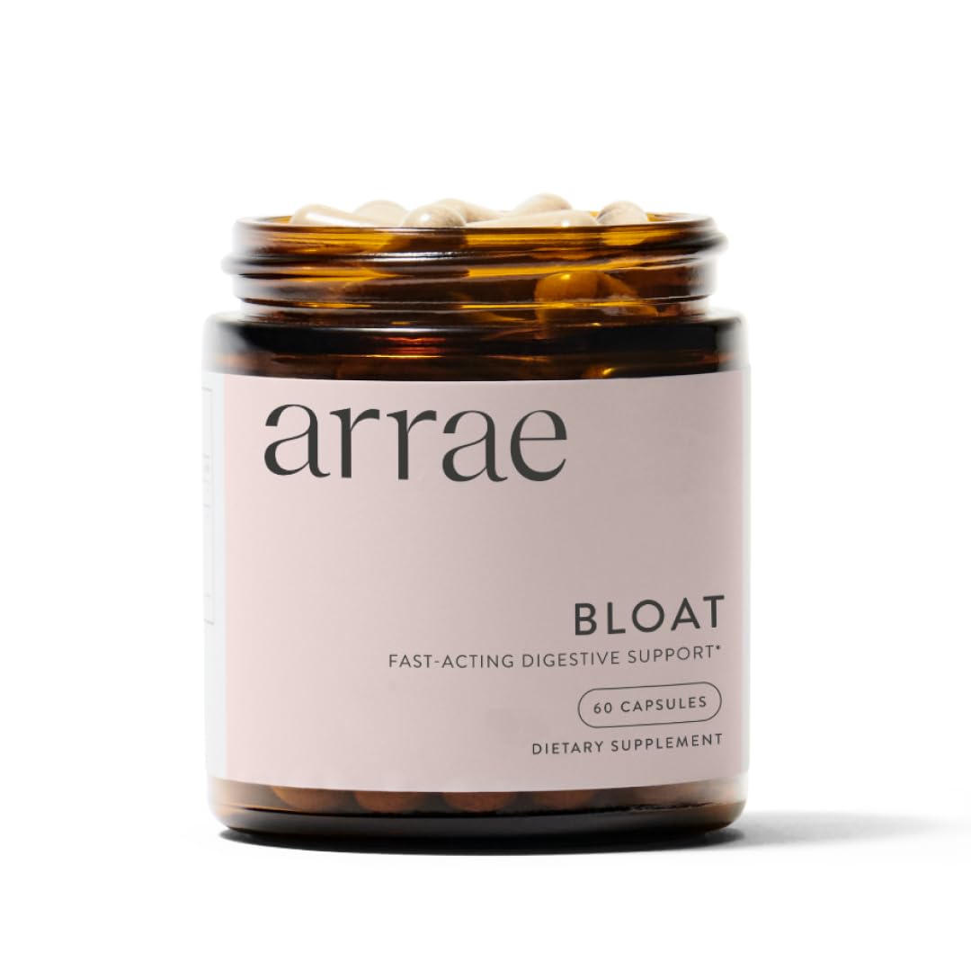 Arrae Bloat: botella con enzimas digestivas para alivio rápido y natural.