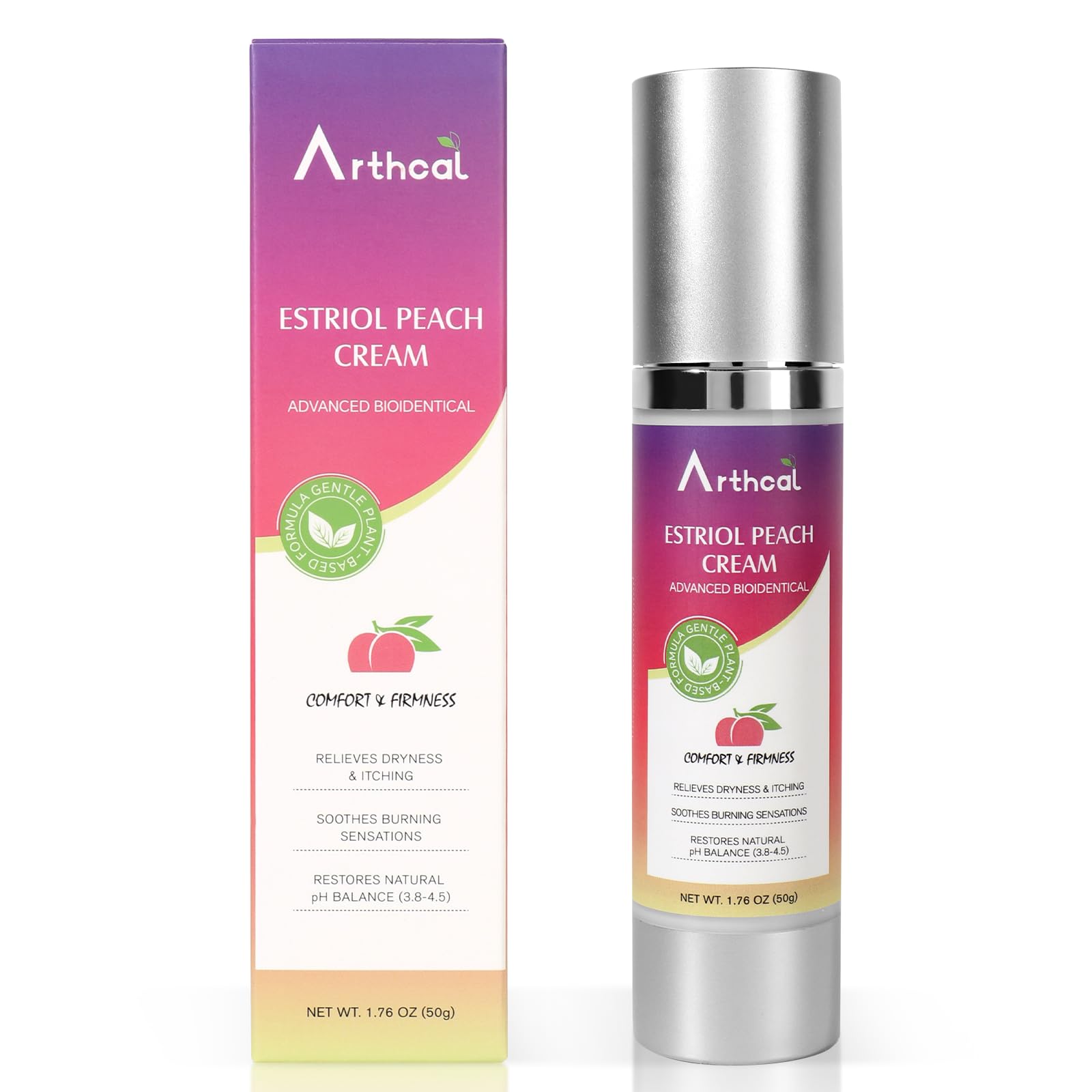 Arthcal crema estriol melocotón, envase de 50 g para uso diario y hidratación suave.
