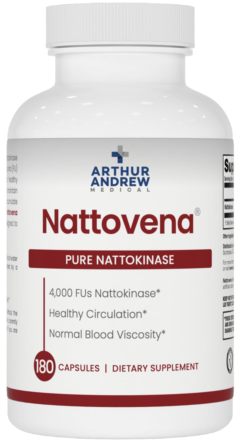 Nattovena de Arthur Andrew Medical, botella visible con cápsulas, posible apoyo a la circulación.