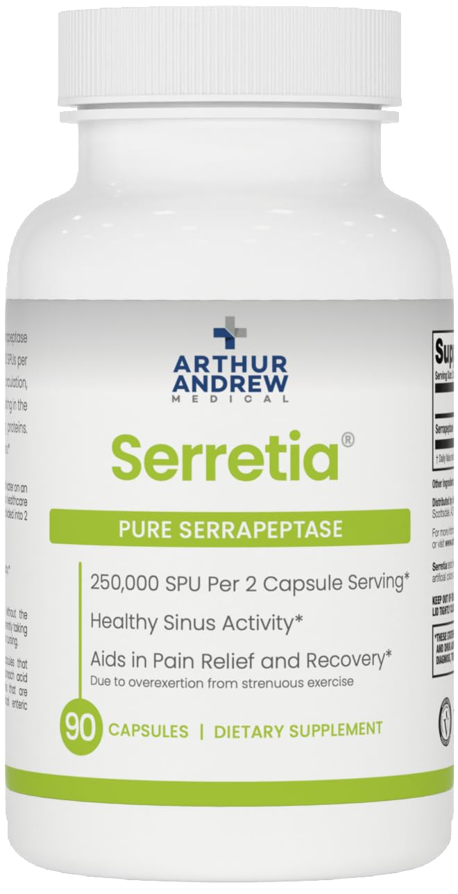 Arthur Andrew Medical Serretia: botella de 90 cápsulas lista para uso diario.
