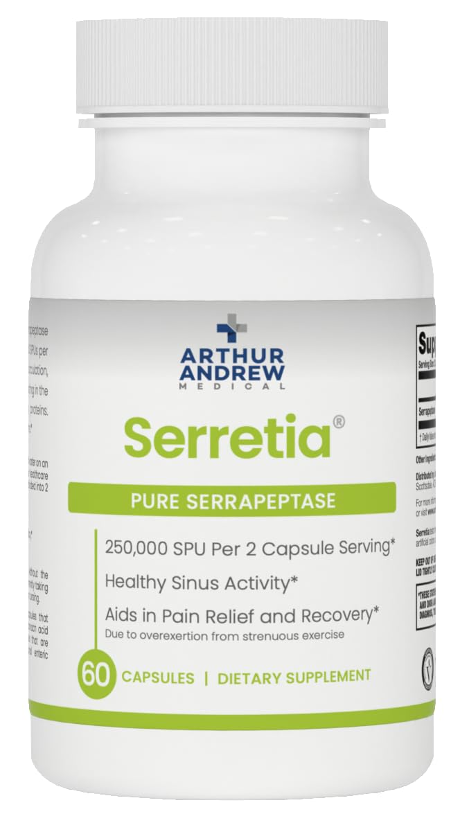 Serretia de Arthur Andrew Medical, botella en primer plano, posible apoyo a músculos y salud sinusal.
