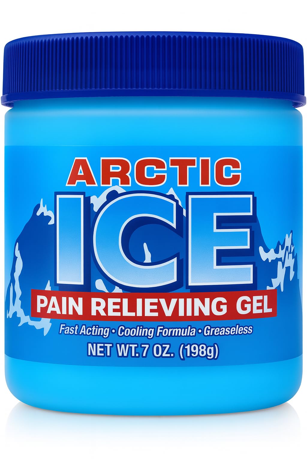 Artic Ice gel alivia dolor muscular con mentol azul, sensación refrescante al aplicar.