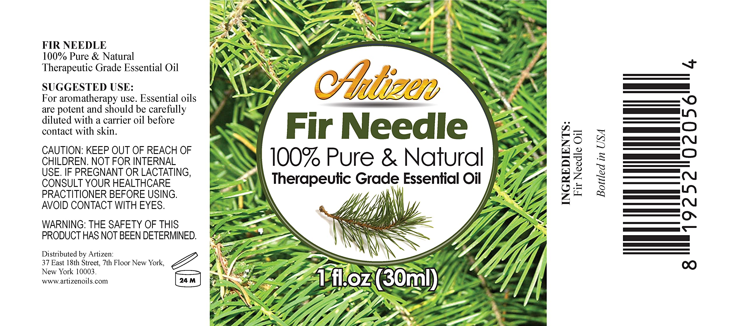 Artizen Aceite Esencial de Abeto Aguja, envase de vidrio con protección UV.