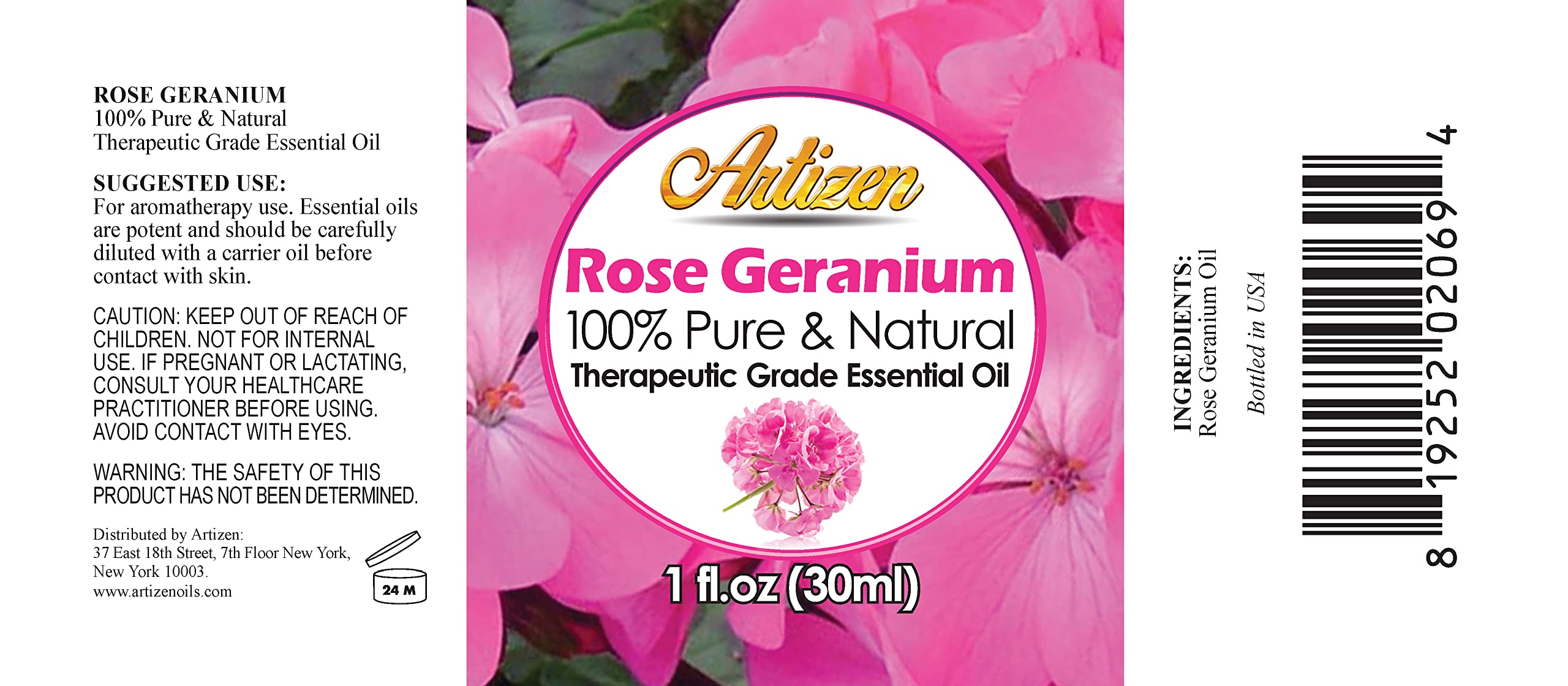Artizen Aceite Esencial Geranio Rosa con cuentagotas para dosificar.