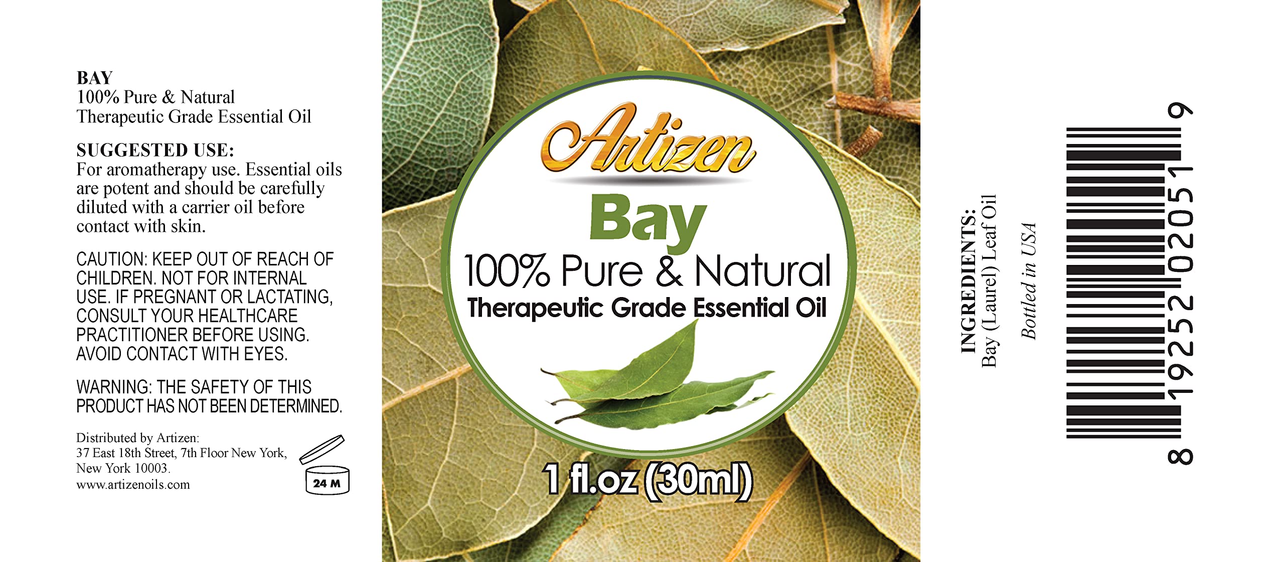 Artizen aceite esencial de laurel en botella, acercamiento que destaca color y pureza.
